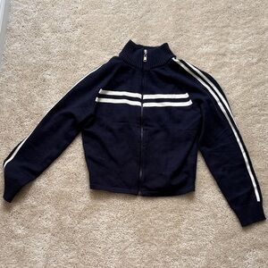 Navy Zip-Up Sweater with White Stripes